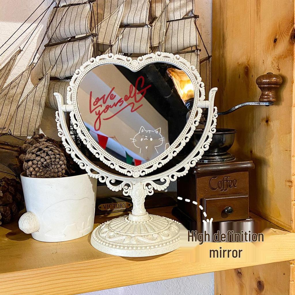 European Retro Heart-Shaped Double-Sided Vanity Mirror for Desk or Bedroom