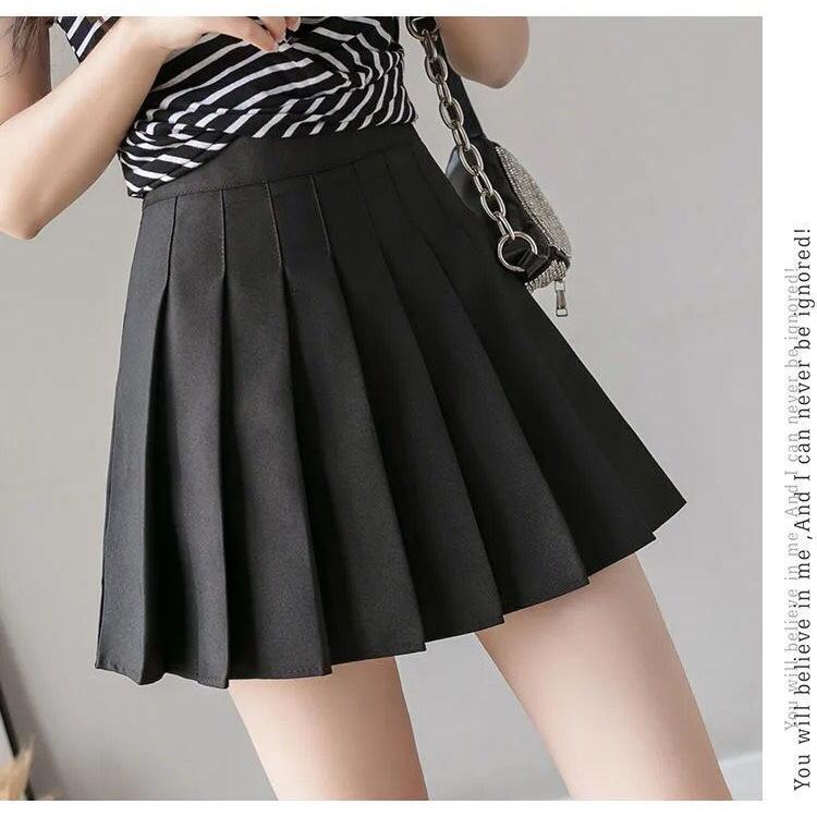 Women's High Waist Pleated Mini Skirt Preppy Style Solid Color Short Skirt With Safety Shorts