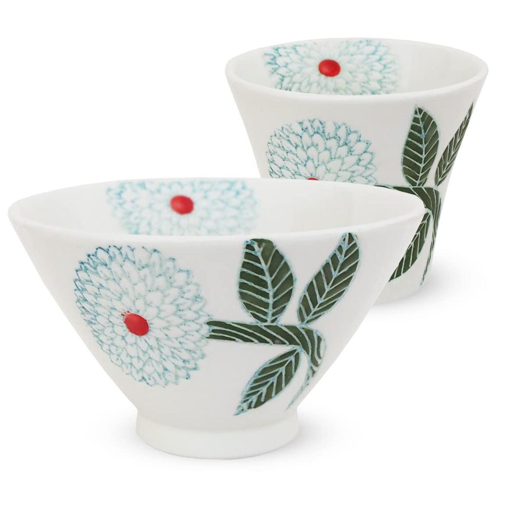 Dahlia Premium Tea Bowl and Teacup Set by Made in Hasami Ware Tea 180ml Large with Tea Strainer J-Kitchens Kunzangama, Japan, Microwave-Safe,