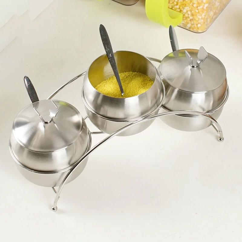 3Pcs/Set Kitchen Supplies Apple Shape Stainless Steel Condiment Pot Spice Container Salt Sugar Bowl Serving Jars Pot Spoons 2024