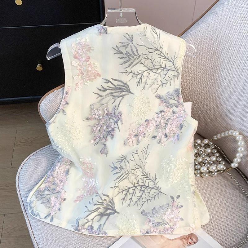 Buckle outer v versatile women's new summer disc-neck top, thin vest style with Chinese ethnic vest