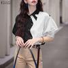 ZANZEA Women Casual Turn Down Collar Short Sleeve Stripe Patchwork Blouse