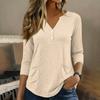 Womens 34 Sleeve V Neck Henley Pullover Top with Button and Front Pockets for Casual Daily Wear