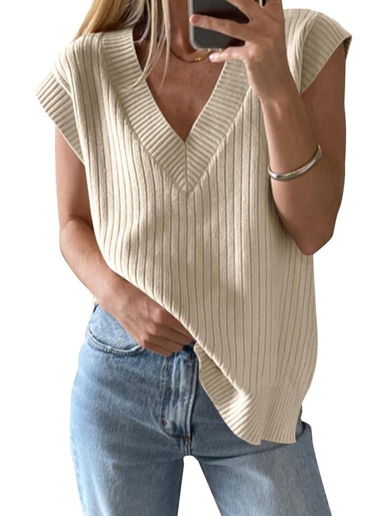 2025 New European & American Women's V-Neck Short-Sleeve Knitted Top - Versatile Loose Sweater In Solid Color