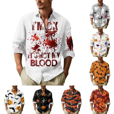 Herren Langarmhemden mit Halloween-Print und Knopfleiste, lässige Mode für Herren