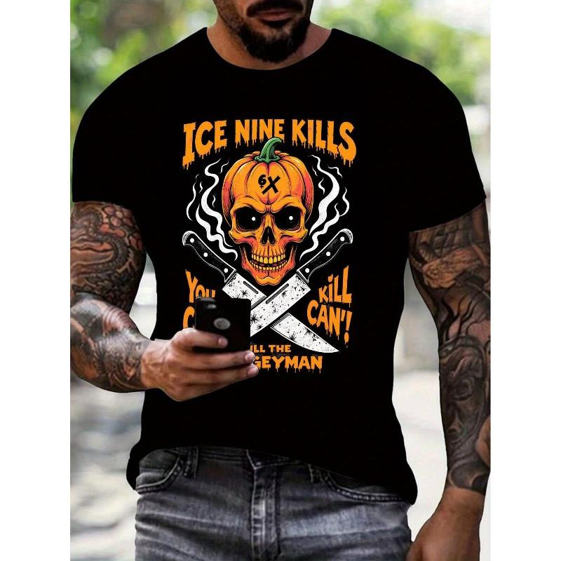 European sizes Men's Graphic T-Shirt - Crossed Knives Print with Gothic Lettering, Metalcore Rock Music Fan Apparel, Soft Breathable Crew Neck Tee