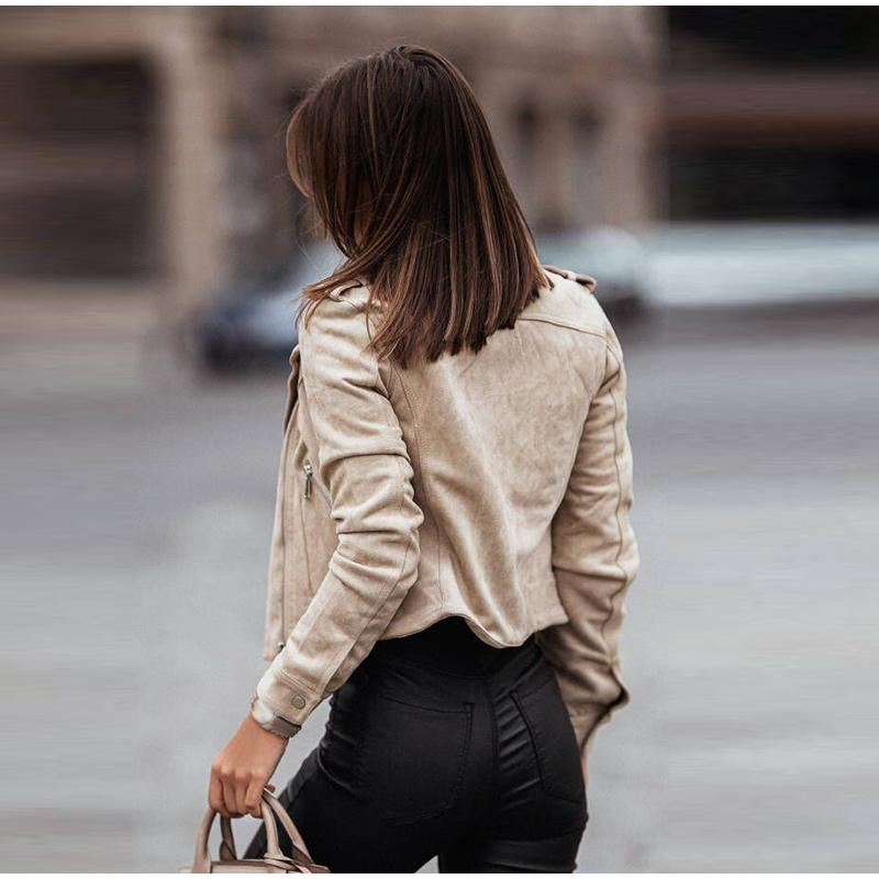 Jaqueta Vintage de Couro Camurça Sintético Slim Fina Feminina Gola Virada para Baixo Zíper Casaco Curto Manga Comprida Jaquetas Sólidas Estilo Motociclista Casual Outono Inverno