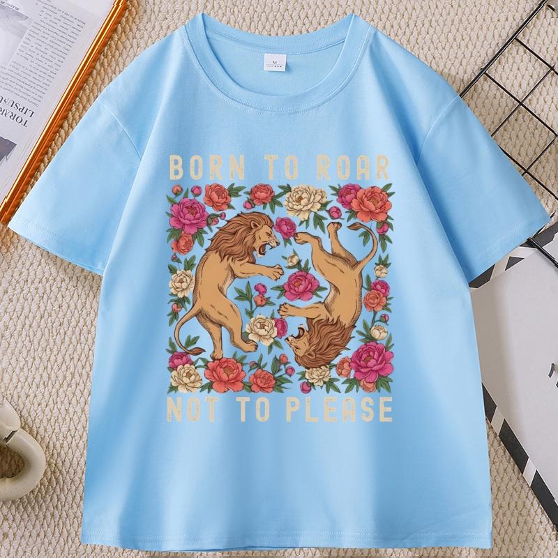 Born To Roar Not To Please TShirt Feminist Lion Graphic Tee Retro Floral Lion T Shirt Unisex Women Short Sleeve Tshirt Tops