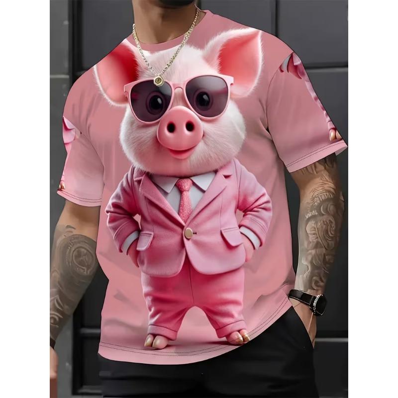 Novelty Cartoon Cat And Pig Graphic 3D Print T-Shirt For Men Funny Animal Design Short Sleeve Casual Tshirt Oversized Streetwear