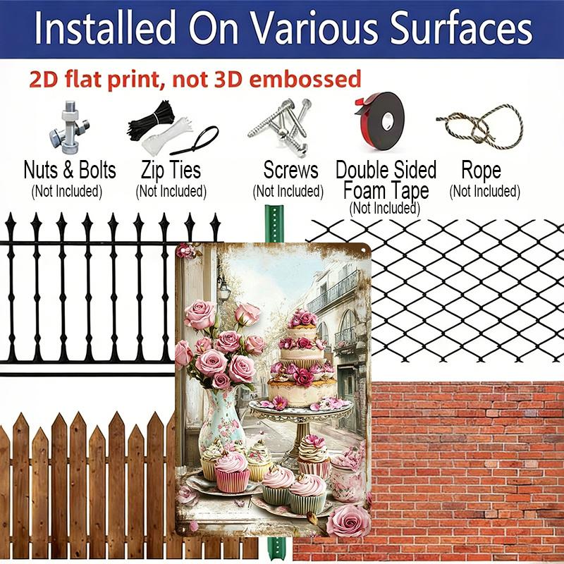 2D Flat, 1pc Vintage Metal Wall Art with Pink Roses, Cupcakes & Elegant Cake - 8x12 Inch Aluminum Kitchen Dining Room Decor Suitable for Cafe, Bar