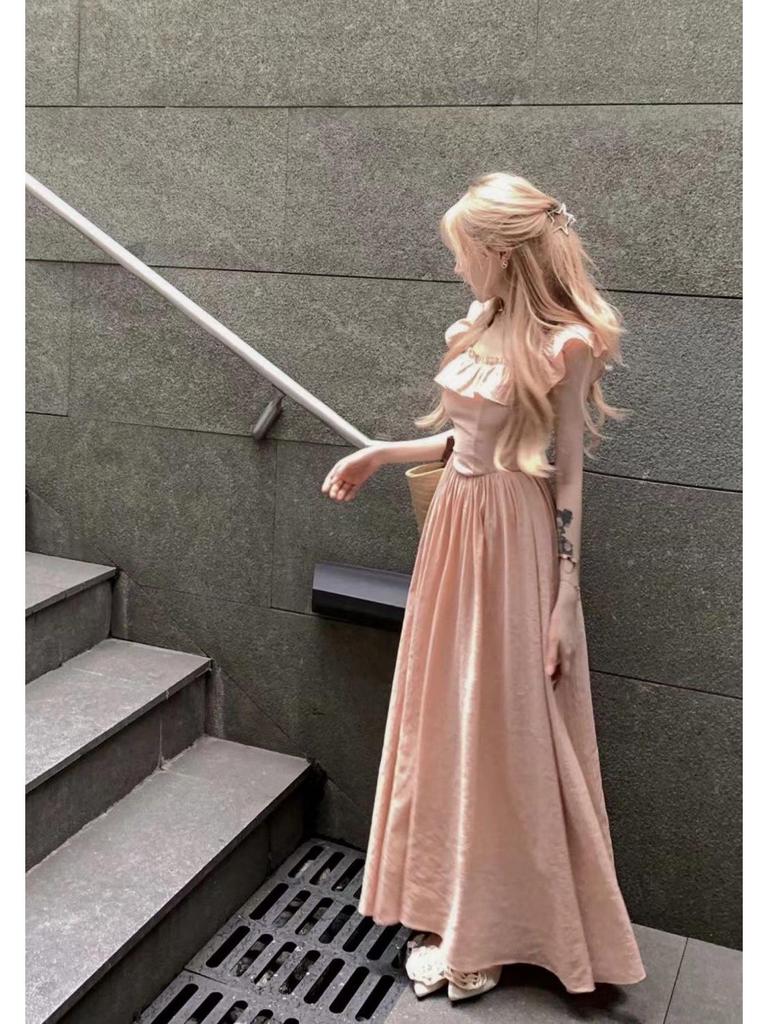 Lined Flutter Sleeve Ruffle Dress - Square Neck, Fitted Waist, Long French Style for Women, Perfect for Summer Elegance