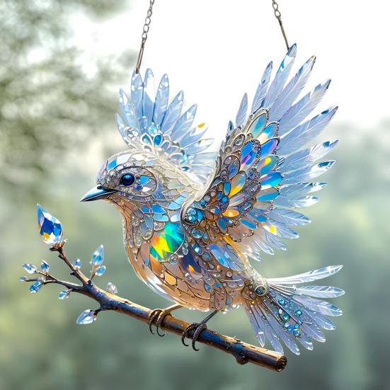 Yousheng Bluebird Hanging Decoration Stained Glass Art Bird Ornament 2D Flat Acrylic Pendant for Window Wall Home Garden Decor
