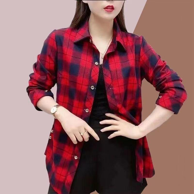 Spring Autumn Elegant Fashion Harajuku Plaid Tops Women Loose Casual All Match Lady Shirt Polo Button Long Sleeve Blusa