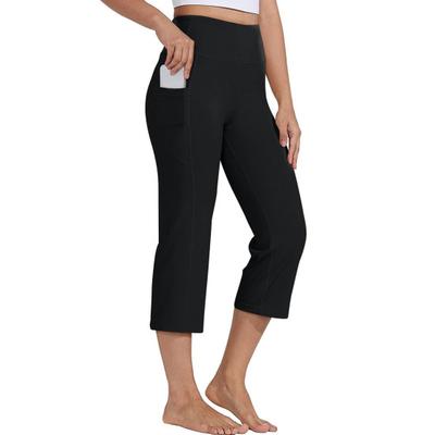 Women Cropped Pants with Pockets Solid Color High Waist Yoga Running Training Trousers Hip Lifting Leisure Pants