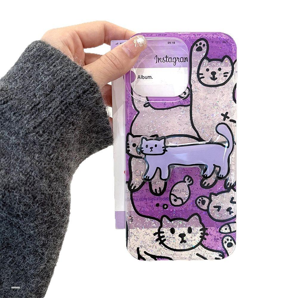 Cute Cat Stand Suitable for Apple 16pro Mobile Phone Case Iphone15 Protective Case 14 Glitter Powder 13 Soft Shell