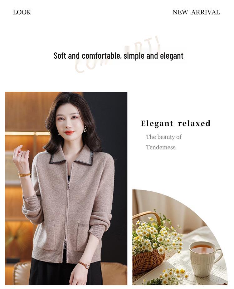 100% Pure Wool Women's Zipper Stand Collar Sweater Coat for Spring and Autumn/Winter Warmth, Ideal for Mid-Aged and Elderly