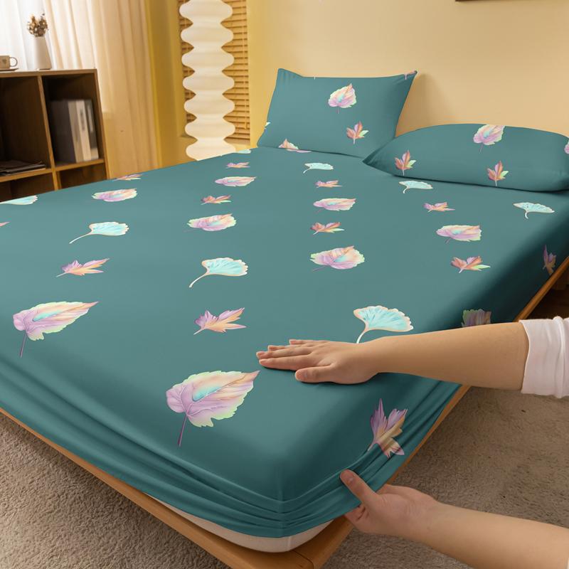 1 Simple Modern Plant Flower Leaf Printed Matte Fitted Sheet, Bedroom Printed Bed Cover, Bedding (Excluding Pillowcases)