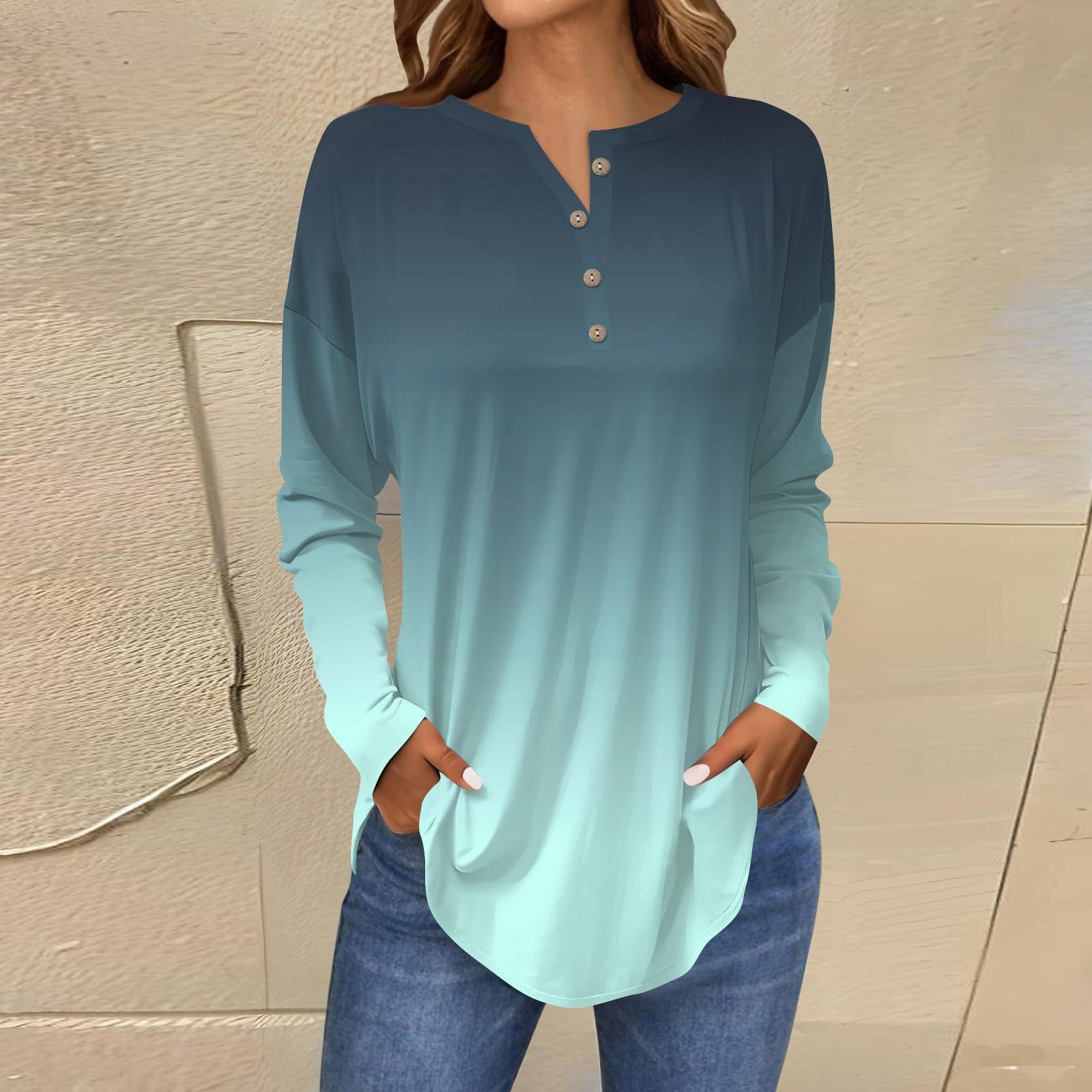 

Женская мода свободный воротник на пуговицах с градиентным принтом длинный рукав футболка топы пуловер XXL