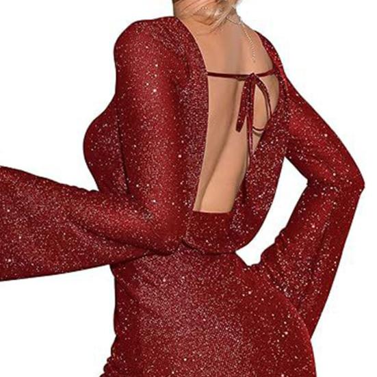 long sleeve wine red sequin backless dress Sequin Open Back Long Sleeve Dress in Red