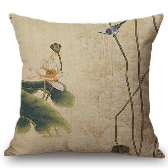 Chinese Style Vintage Ink Painting Lotus Pattern Throw Pillow Cover Classical Luxury Cushion Cover Sofa Decoration Pillowcase