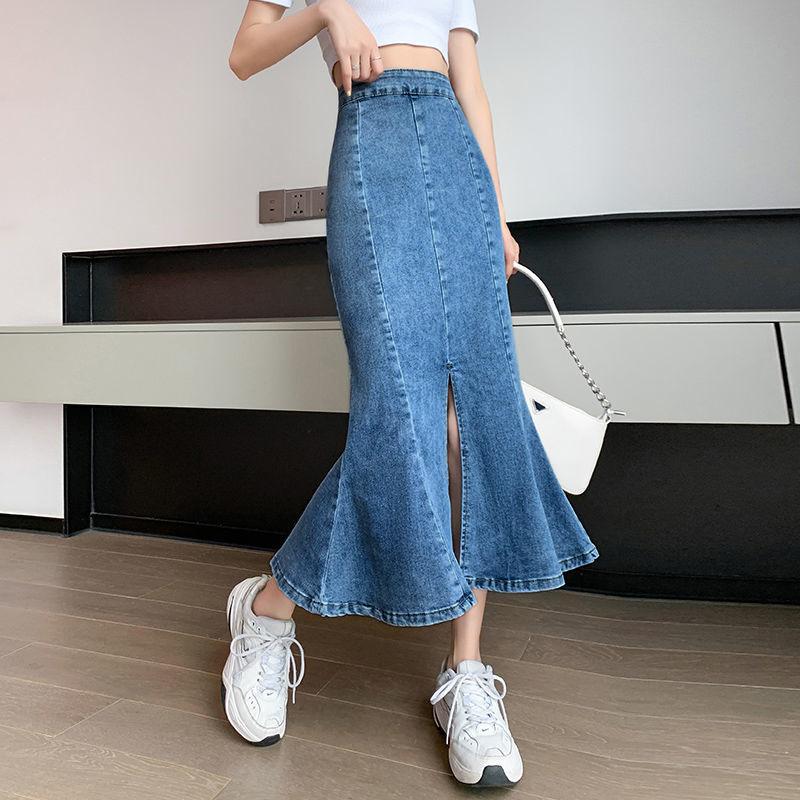 Юбка-бюстье с рыбьим хвостом, женская тонкая летняя юбка-бюстье с оборками, джинсовая юбка средней длины с высокой талией, джинсовая юбка-бюстье S