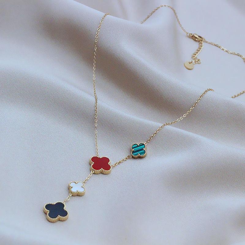 With Necklace Double Clover Sided Feminine Temperament Titanium Steel Non Fading Lucky Grass Tassel Collarbone Chain