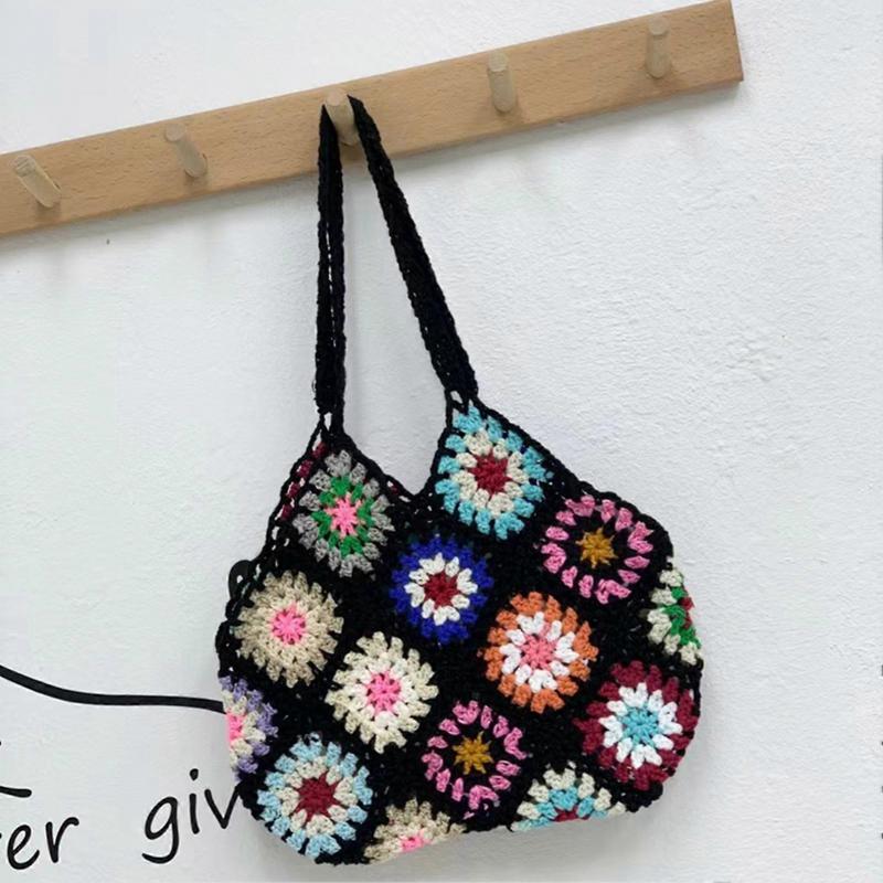 Women Tote Bag Floral Crochet Large Capacity Handmade Vintage Multicolor Hollow Out Handbag for Travel