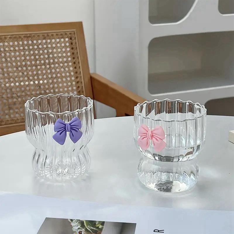 Vertical Striped Glass Cup with Bow Decor Cute Coffee Cocktail Juice Water Tea Glassware