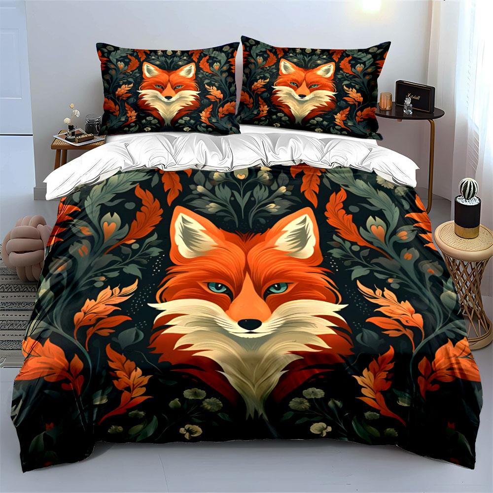 Fiery Red Fox And Botanical Print Bedding Set For Kids Luxury Gift 3Pcs Digital Print Comforter Set Soft Comfortable Breathable