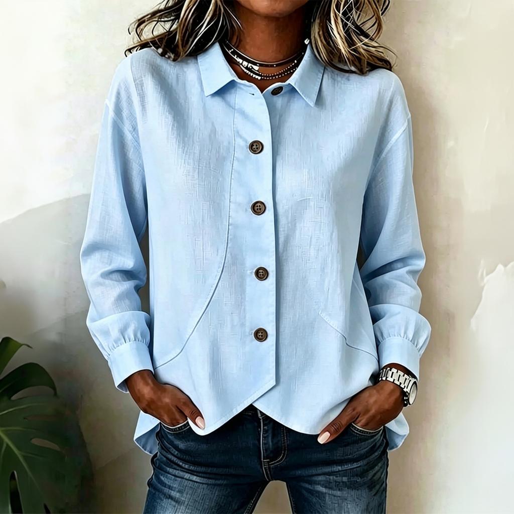 Women's Casual Long Sleeve Shirt Irregular Hem Button Down Blouse Relaxed Fit Lightweight Fabric Office Wear