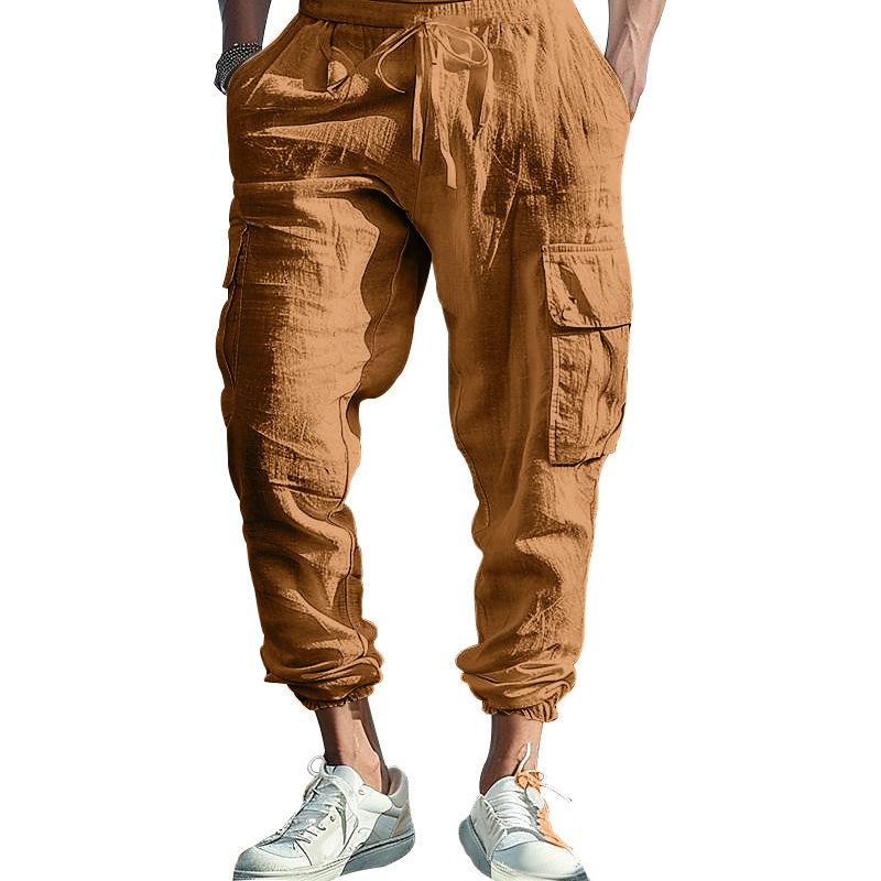 Men Cotton and Linen Tied Feet Multi-pocket Tether Solid Color Loose Drawstring Trousers