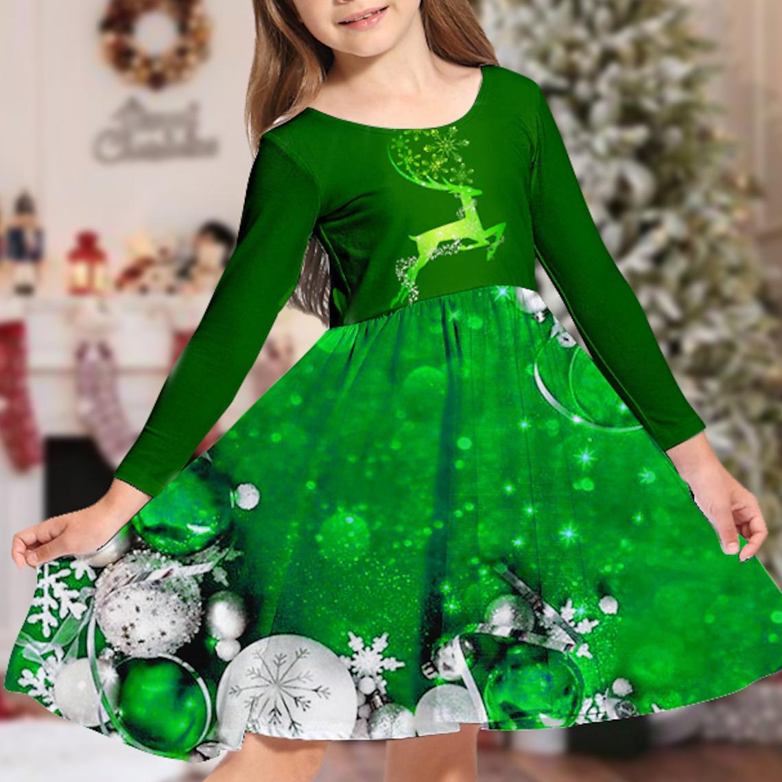 

Осеннее повседневное платье с 3D рождественским принтом лося для девочек и круглым вырезом с длинными рукавами, детское платье принцессы 110 зелёный