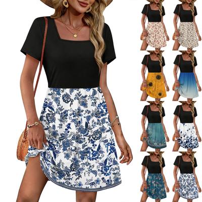 Modisches lässiges Sommerkleid für Damen mit quadratischem Ausschnitt und Retro-Print