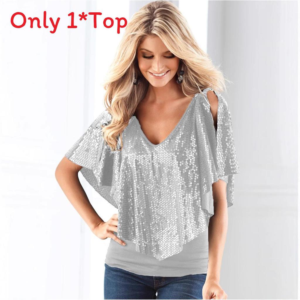 Streetwear Sequin V Neck Sleeveless T Shirt For Women Stylish Casual Top