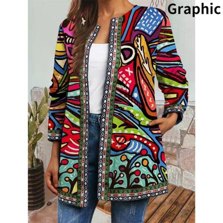 Vintage Floral Print Ethnic Style Jacket Plus Size Tribal Pattern Cardigan Ribbon Webbing Outwear Women Fashion S