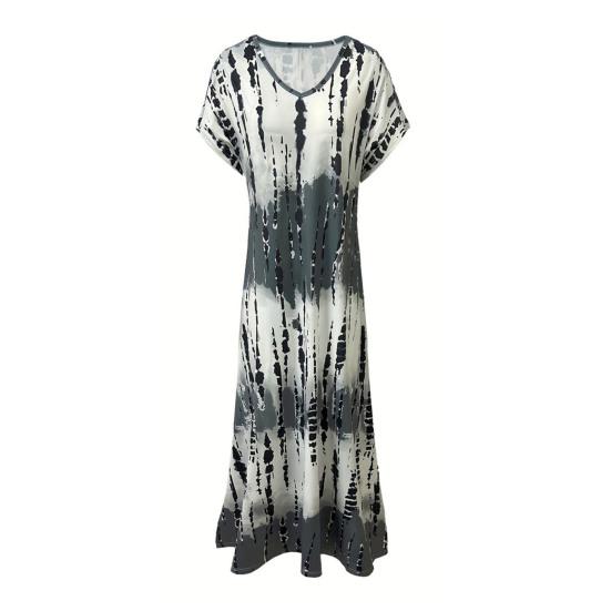 Dámské letní šaty s výstřihem do V, krátkým rukávem, designem s bočním rozparkem, maxi šaty s potiskem tie-dye, volného střihu, ležérní šaty