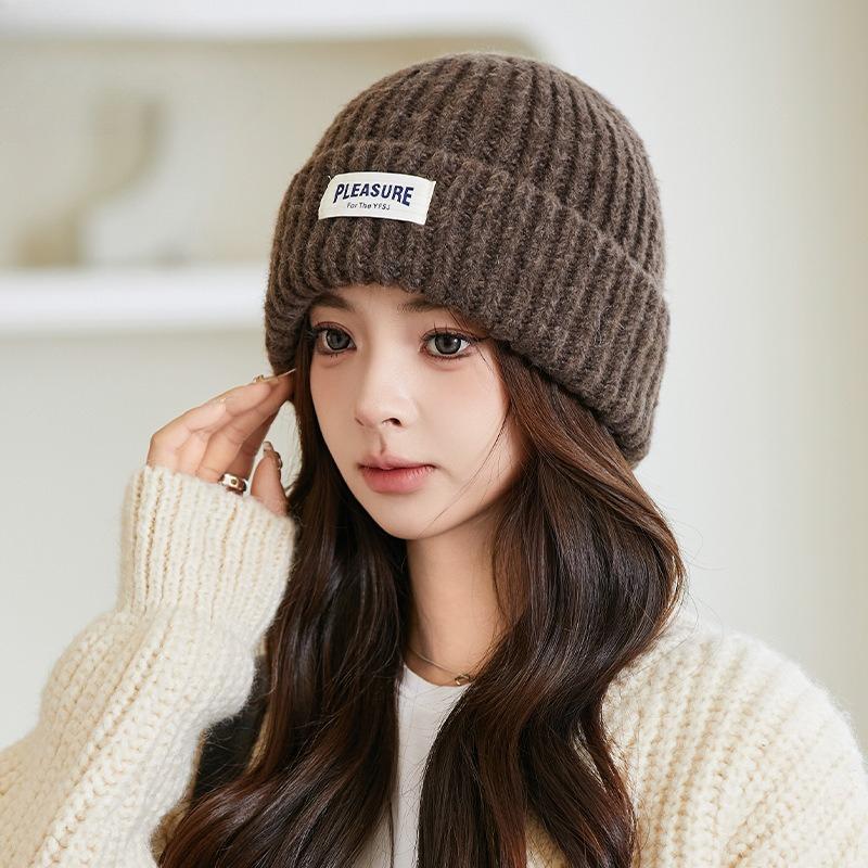 Coarse Needle Cloth Label Knitted Hat Women's Winter Outdoor Thickened Warm Cover Wool Hat