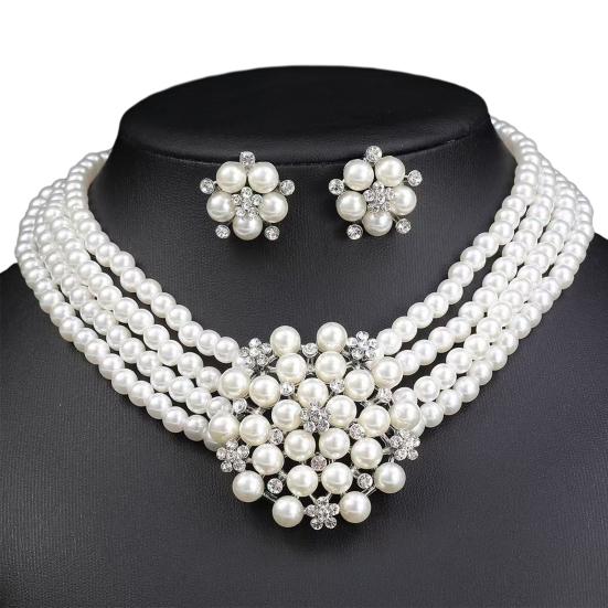 2Pcs/Set Imitation Pearl Jewelry Set Retro Style Flower Charm Adjustable Extension Chain Necklace Stud Earrings Set Wedding Jewelry