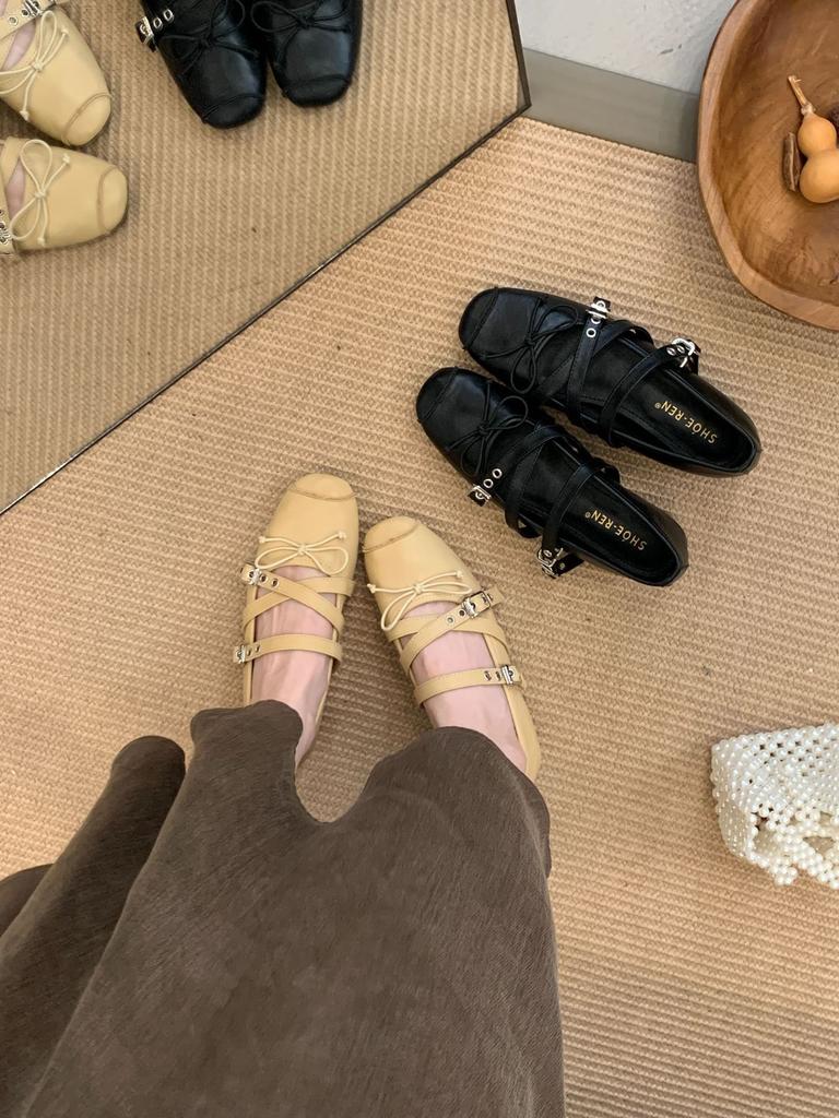 2025 new French retro style square head bow with Mary Jane shoes women's flat ballet shoes