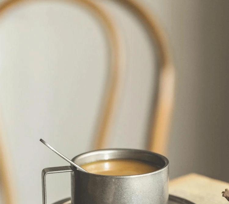 Retro Frosted Coffee Cups and Saucers, Original Made 304 Stainless Steel, Japanese Industrial Style Metal Cup Set, Afternoon Tea