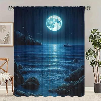 Dreamy Moonlight Seascape Curtains Polyester Home Decor Window Drapes Blackout Set Of 2 Made With Rod Pocket