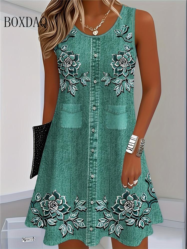 Women Summer Sleeveless Bohemian Dress Fashion Imitate Cowboy Vest Flowers Print Dress Casual Tank Beach Dresses For Women