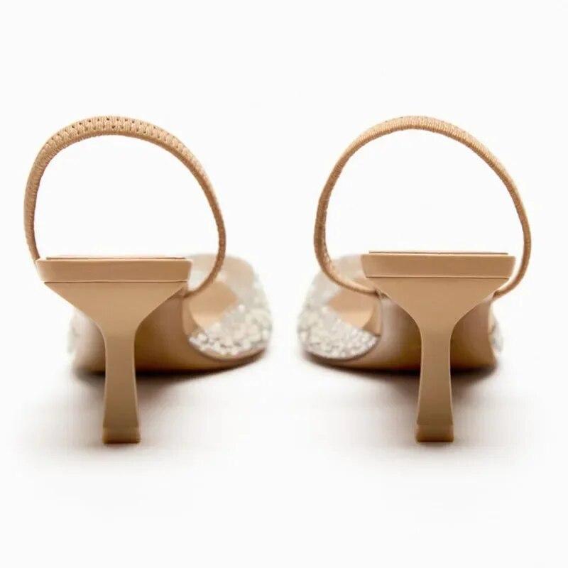 Women's Pointed Head High Heeled Sandals Summer 2024 Sexy Woman Shoes Fashion Pearl Decoration Slingback Woman Pumps