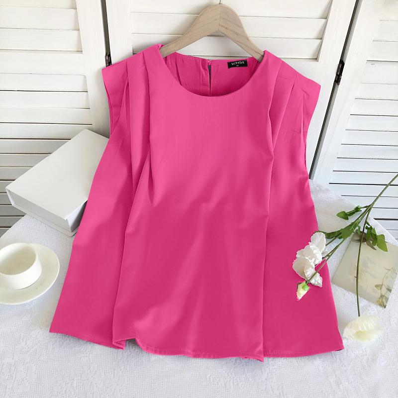VONDA Women Summer Round Neck Sleeveless Solid Color Vests