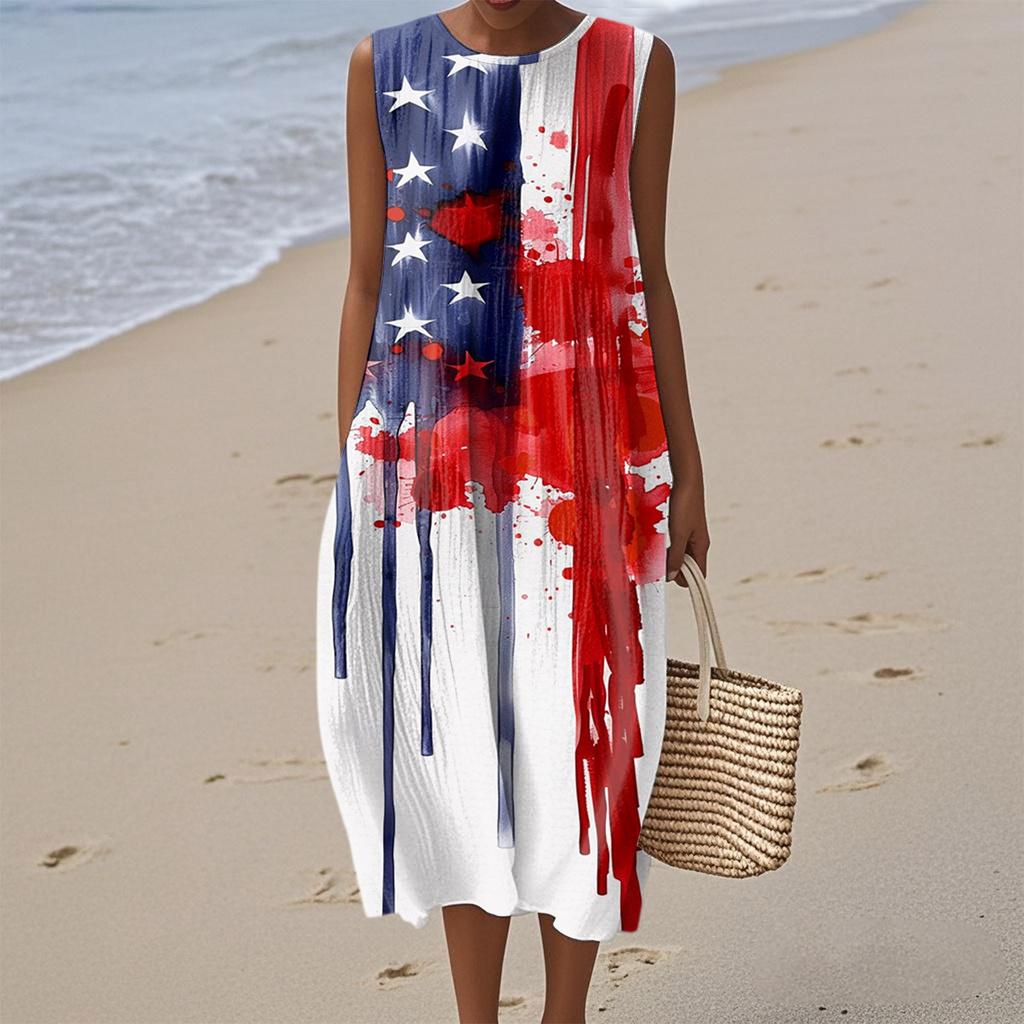 Rochie de damă la modă casual fără mâneci cu gât rotund, imprimată cu Ziua Independenței, elegantă, cu temperament