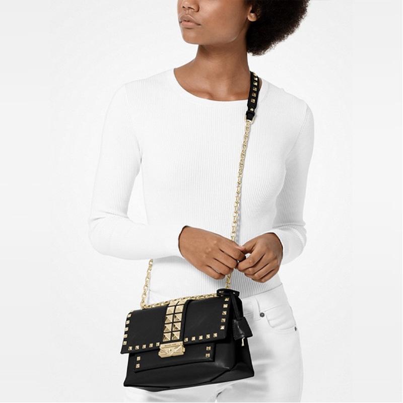 Michael Kors Cece Studded Color Block Chain Leather Shoulder Bag Medium Women Shoulder Bag 30S9G0EL6L-BLACK