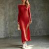 2026 Herbst Winter Rundhals Strickkleid Langarm Schmale Passform Schlitz Metallknopf Maxi