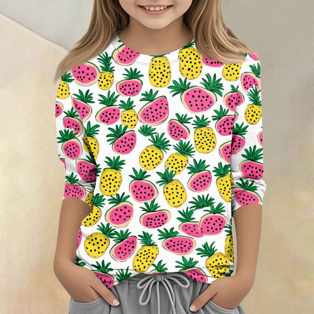 T-shirt décontracté pour enfant à col rond, manches sept-quarts, imprimé