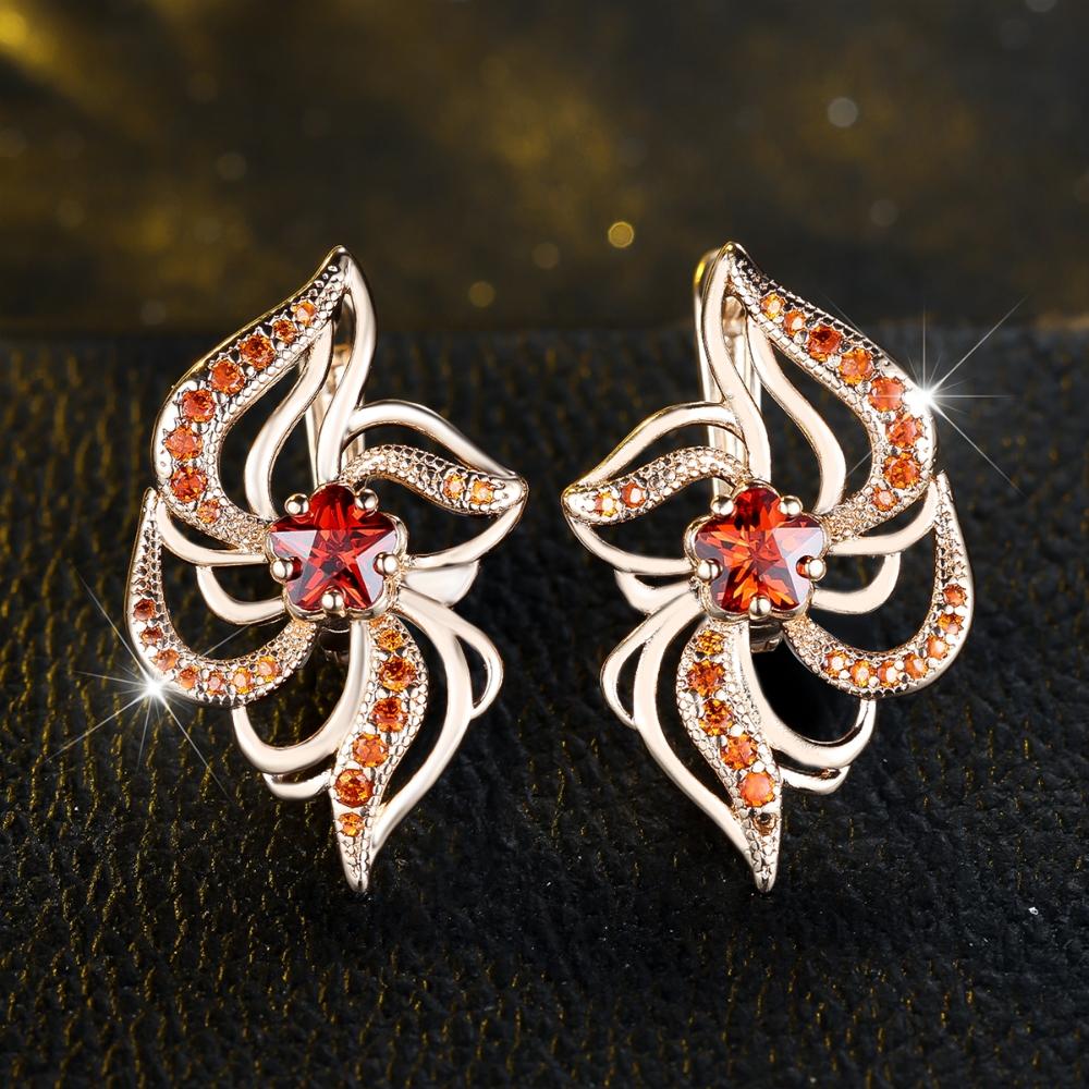 Elegant Red Zircon Plum Blossom Earrings for Women Luxury Gold Color Wedding Accessories Jewelry Gift
