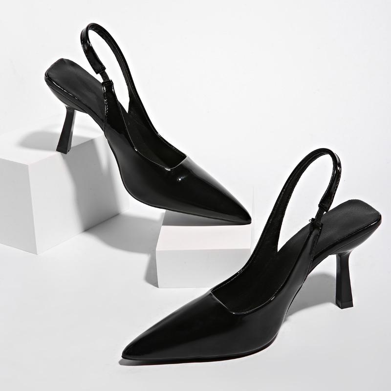 Zapatos de tacón alto inclinados patentados para mujer - tacones de aguja finos y puntiagudos con correas de hombro ajustables